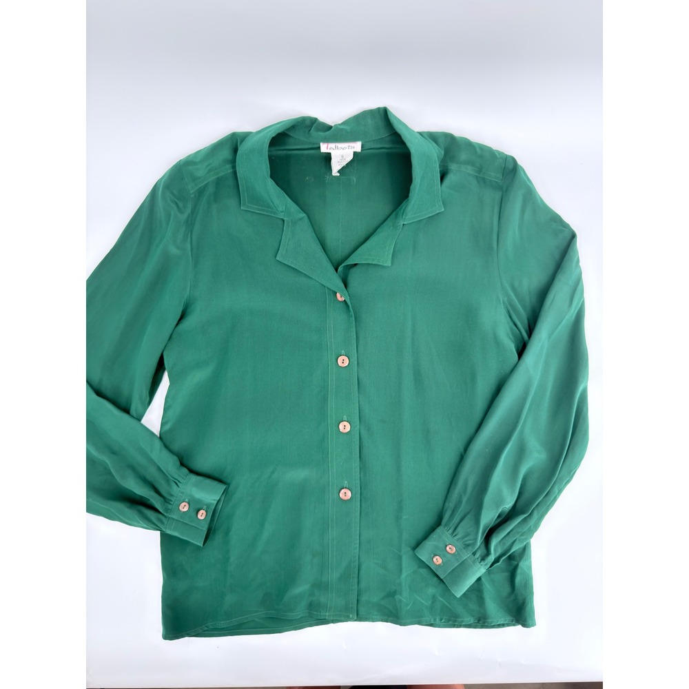 Talbots Silk Blouse Button Down Shirt 90s Vintage Womens Size 8 Emerald Green